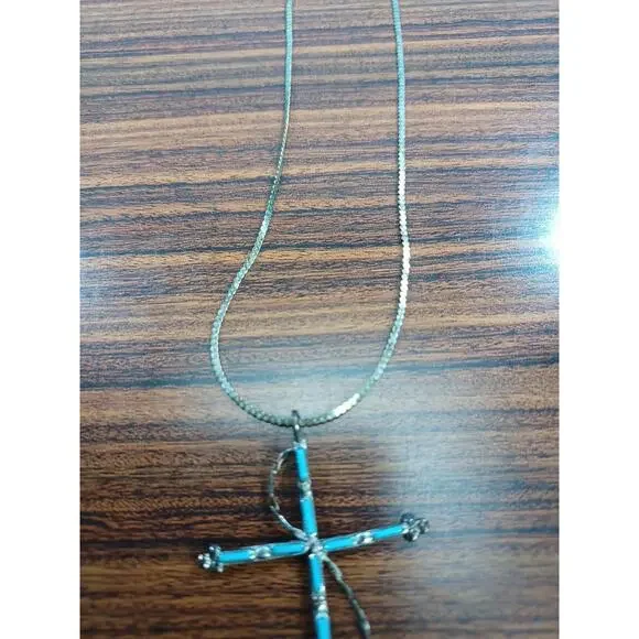 Vintage 925 Turquoise Cross & Chain Native American Southwestern Beauty Necklace - Picture 10 of 16